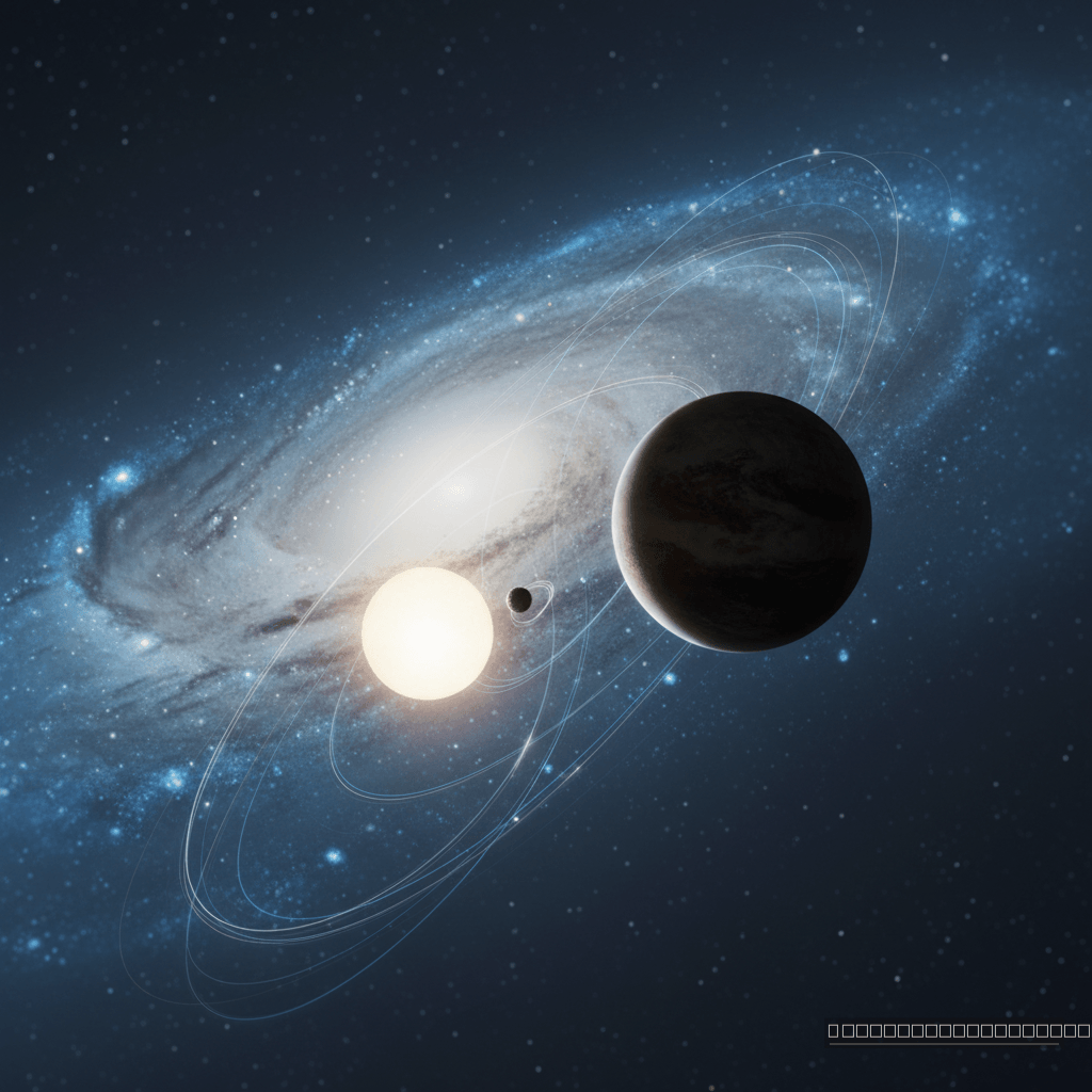 A dança gravitacional: um buraco negro primordial é capturado por uma estrela através da complexa interação de três corpos, um balé cósmico que sela o destino estelar.