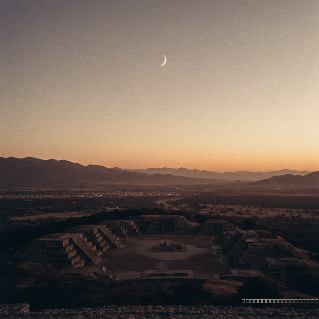 O vale de Oaxaca ao crepúsculo, tal como os antigos zapotecas observavam o retorno da lua crescente, alinhando seus rituais com os ciclos celestes.