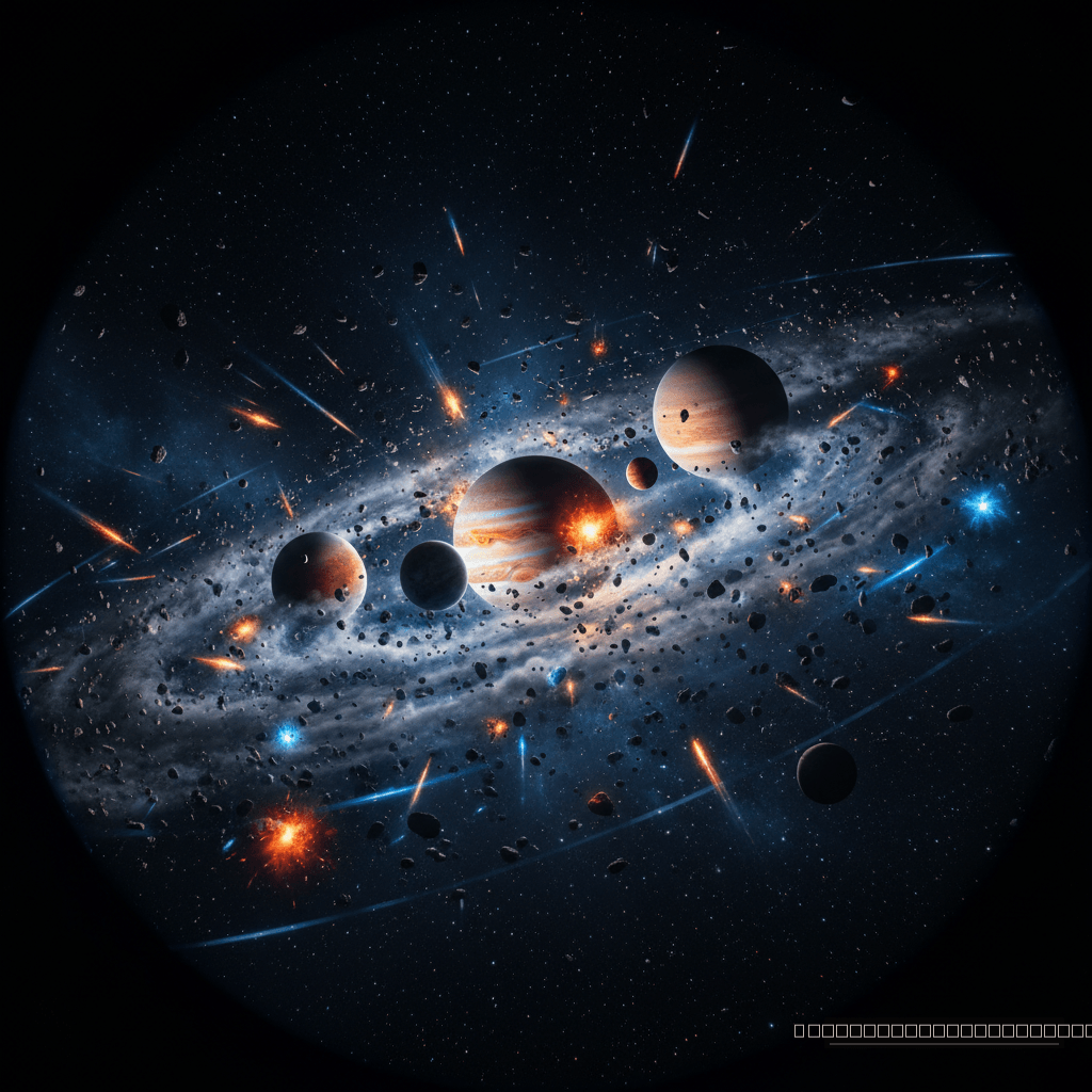 O Sistema Solar há 4 bilhões de anos: uma dança gravitacional caótica de planetas gigantes e planetesimais. Esta 'Instabilidade dos Planetas Gigantes' redefiniu o destino de mundos, mas a sobrevivência dos sistemas de luas de Júpiter e Urano permanece um enigma.