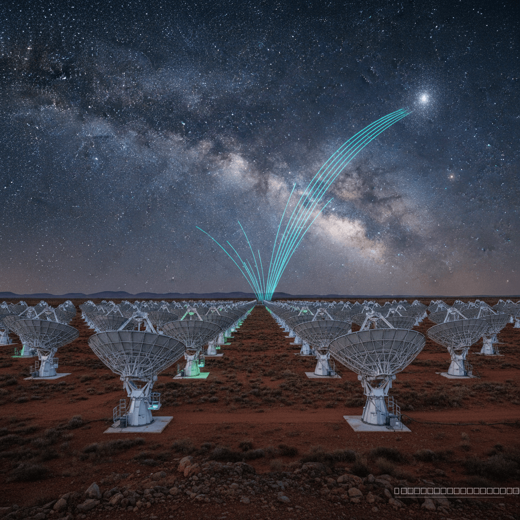 No deserto da Austrália Ocidental, o radiotelescópio ASKAP, um dos olhos da humanidade, escuta os sussurros periódicos do cosmos, revelando novos LPTs.