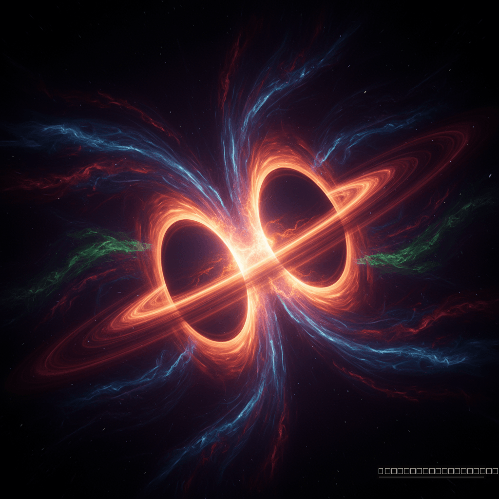 A dança final: dois buracos negros se fundem em uma explosão cósmica, liberando ondas gravitacionais que ecoam pelo universo, conforme revelado pelo GWTC-5.0.