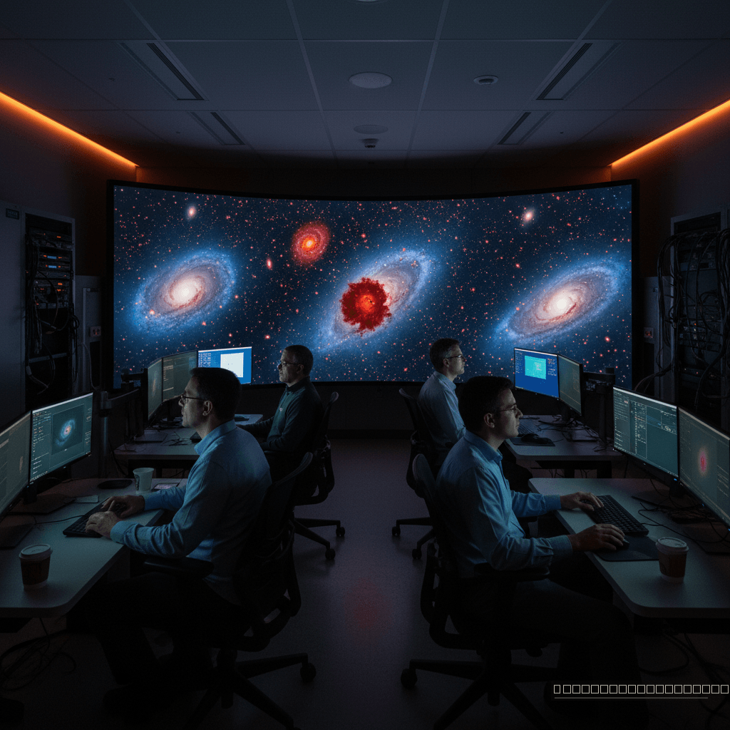 Cientistas no centro de operações do Telescópio Espacial James Webb (JWST) analisam os dados infravermelhos que revelaram as enigmáticas 'Pequenas Bolinhas Vermelhas'.