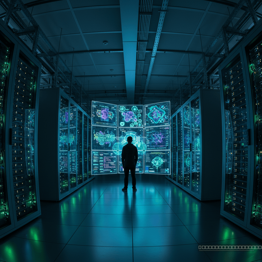 O Cérebro Coletivo: Em um data center de ponta, um pesquisador humano supervisiona a IA enquanto ela desvenda padrões complexos e gera conjecturas matemáticas, ampliando os limites da descoberta.