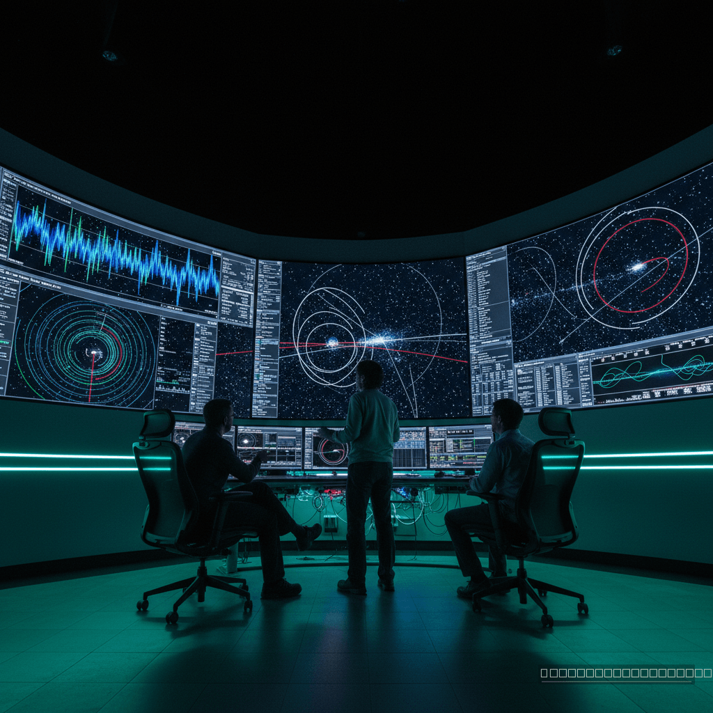 No centro de controle do VLT, astrônomos como S. Gillessen e F. Eisenhauer desvendam os segredos do centro galáctico, analisando dados de filamentos gasosos que orbitam Sgr A*.