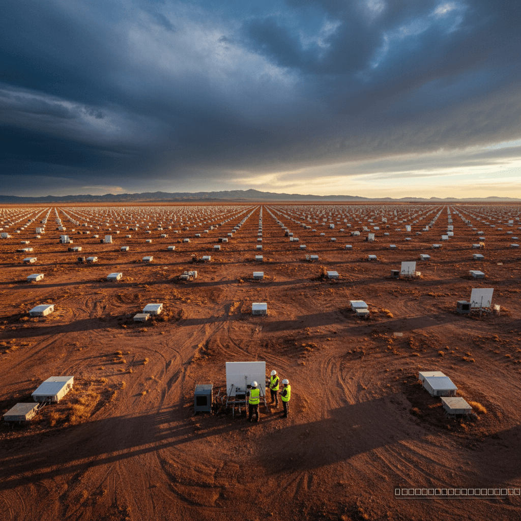 A vastidão do Observatório Pierre Auger na Argentina, um campo de detecção global que busca decifrar a origem dos raios cósmicos de energia ultra-alta.