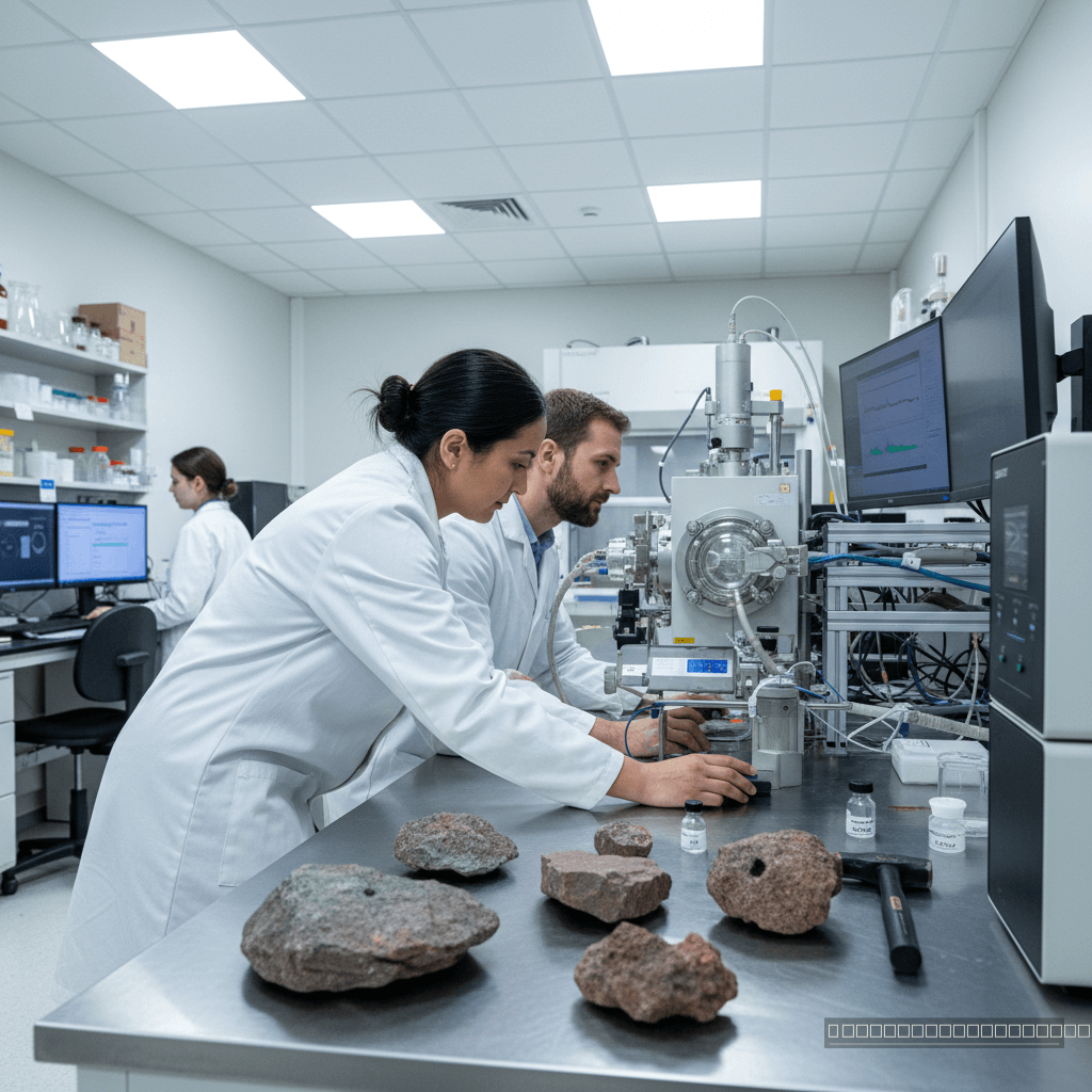 Decifrando o Passado: Pesquisadores em um laboratório de geoquímica, utilizando tecnologia avançada para analisar isótopos de enxofre e elementos traço, desvendando a história da asfixia oceânica.