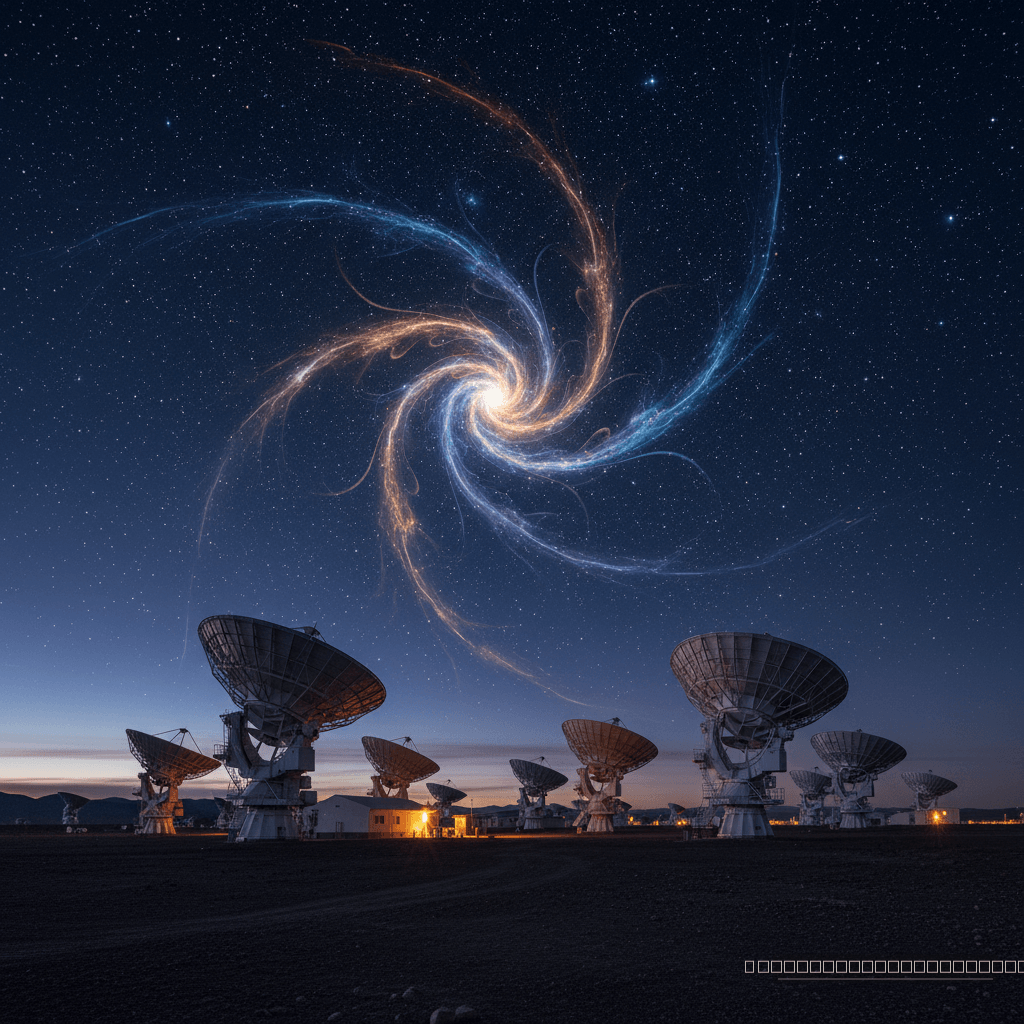 Olhos no céu: As antenas do ALMA scrutinam as profundezas do espaço, revelando os intrincados sistemas hub-filamento, como este berçário estelar, onde a vida cósmica começa.