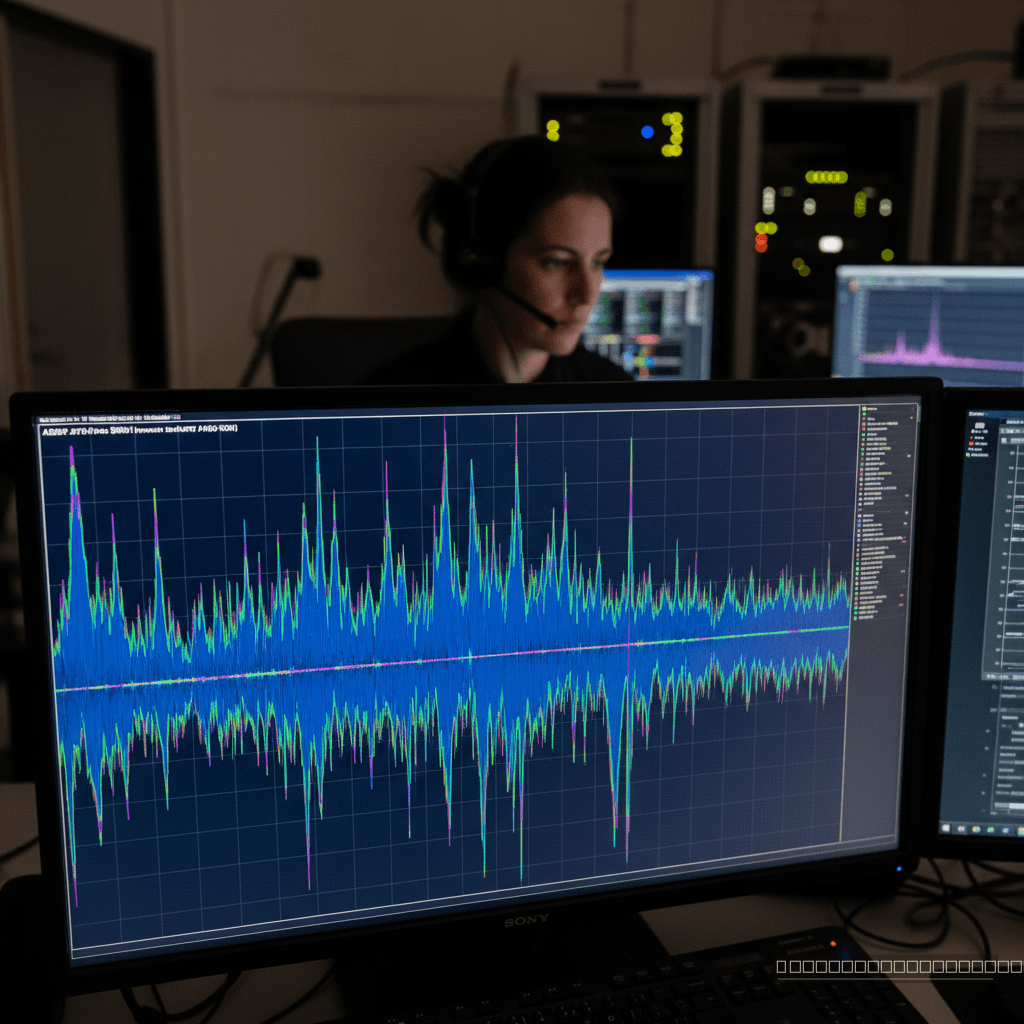 A sinfonia dos dados: um espectrograma revela a assinatura única dos pulsos de rádio de ASKAP J1745-5051, a chave para desvendar sua natureza.