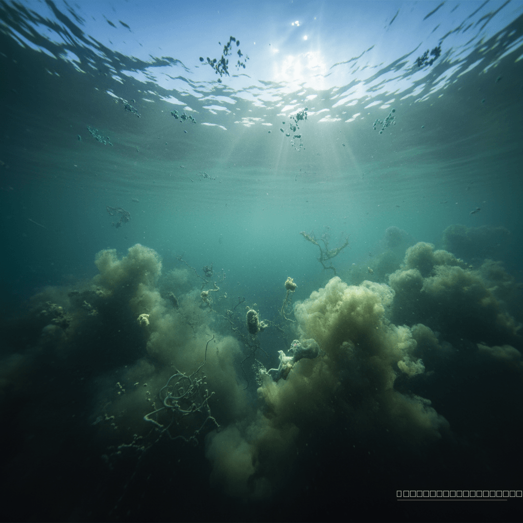 Abismo Tóxico: Uma visão artística da coluna d'água de um oceano primordial, onde a vida aeróbica era sufocada por camadas profundas de sulfeto de hidrogênio, revelando um ambiente mais hostil do que se imaginava.