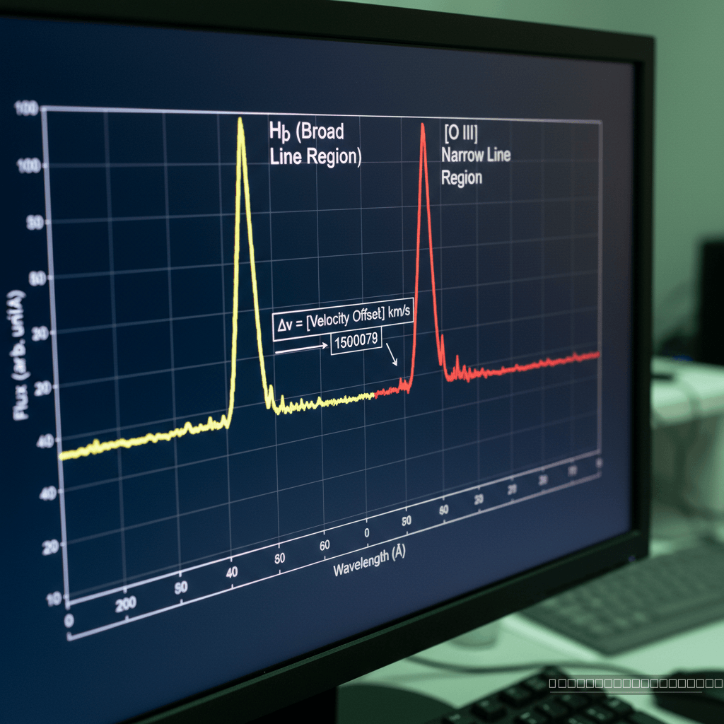 Um gráfico espectral detalhado revela o desvio para o vermelho (Δv) entre as linhas de emissão de um quasar, a evidência chave para o movimento de um buraco negro supermassivo.